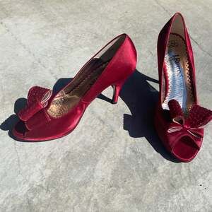 J. Reneé Ruby Red Rhinestone Bow Peep Toe Pumps